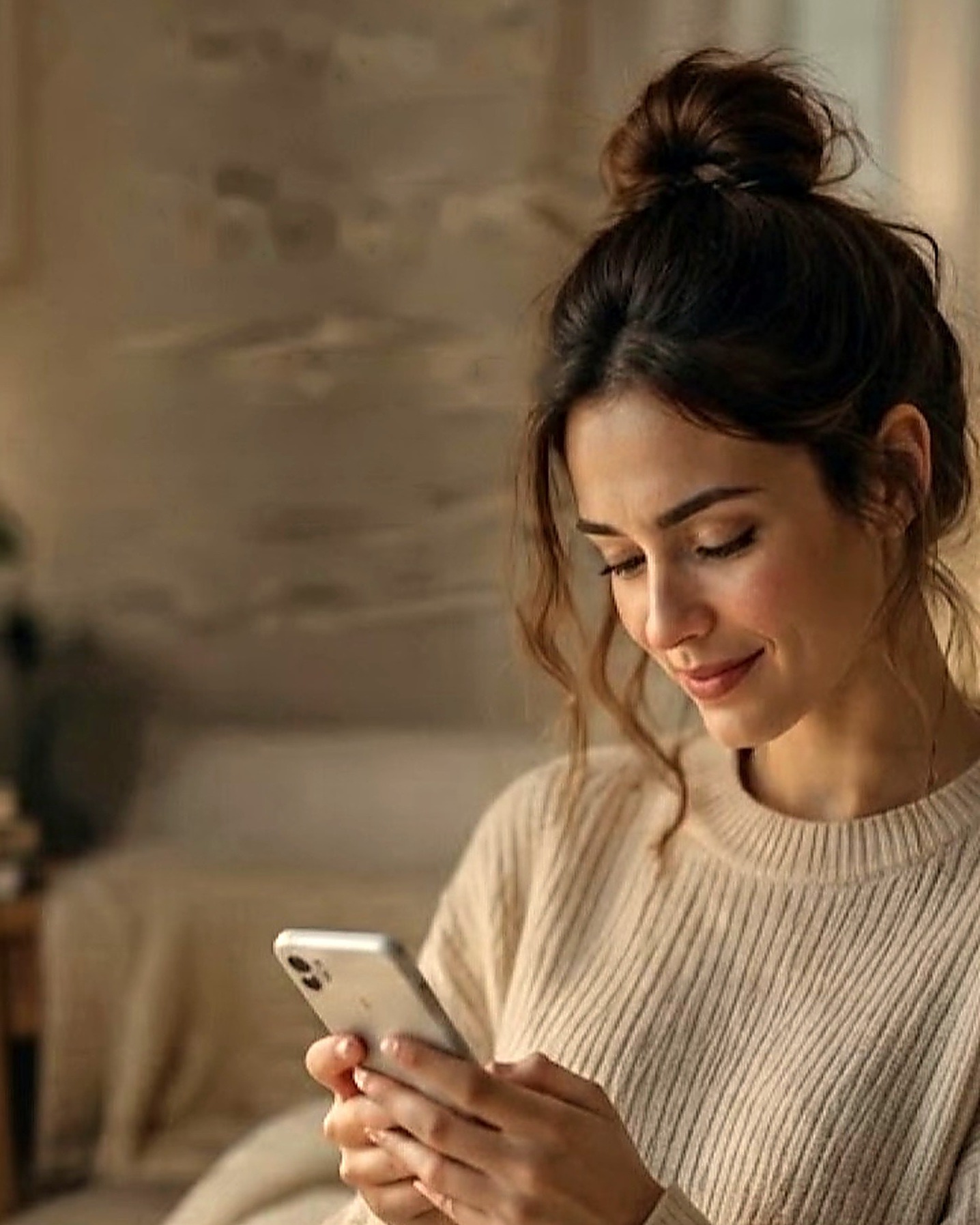 A woman smiling at a message from her coach